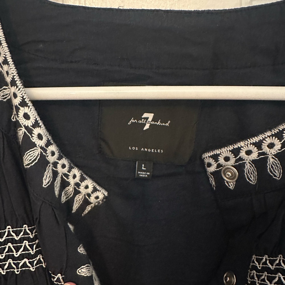 7 For All Mankind Blue Blouse with White Embroidery - Picture 3 of 6